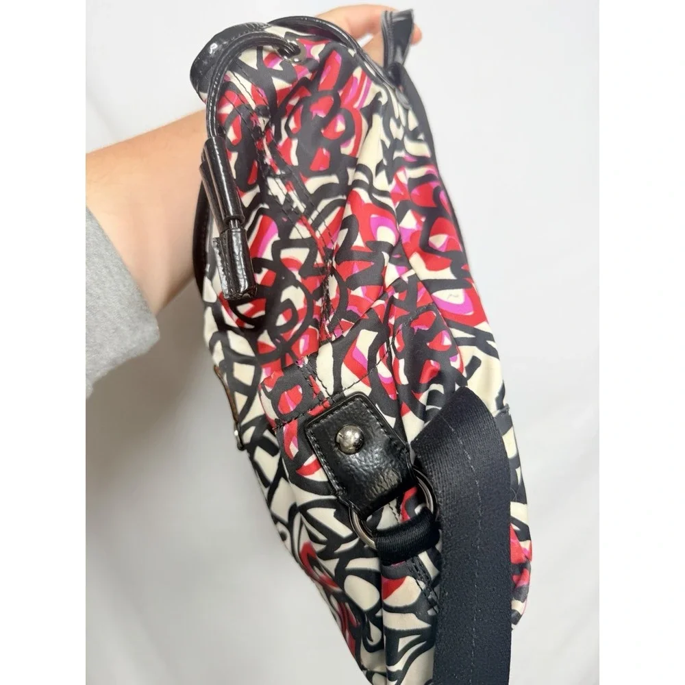 Coach Poppy Daisy Graffiti Backpack Floral Satin Black White Pink Travel Casual